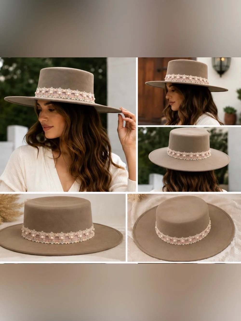Womens Taupe Embellished Wide-Brim Hat - western